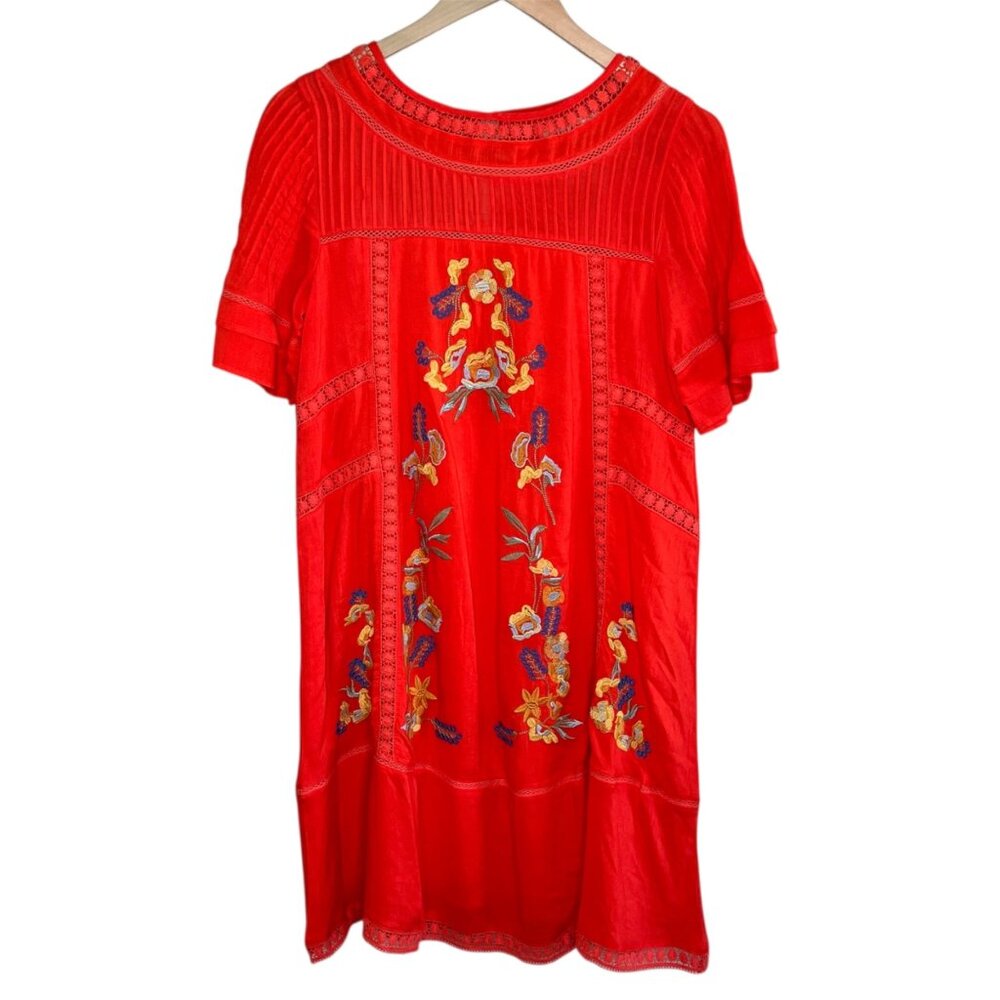 Brass & Roe Orange Short Sleeve Boho Floral Embroidered Crochet Trim Dress sm